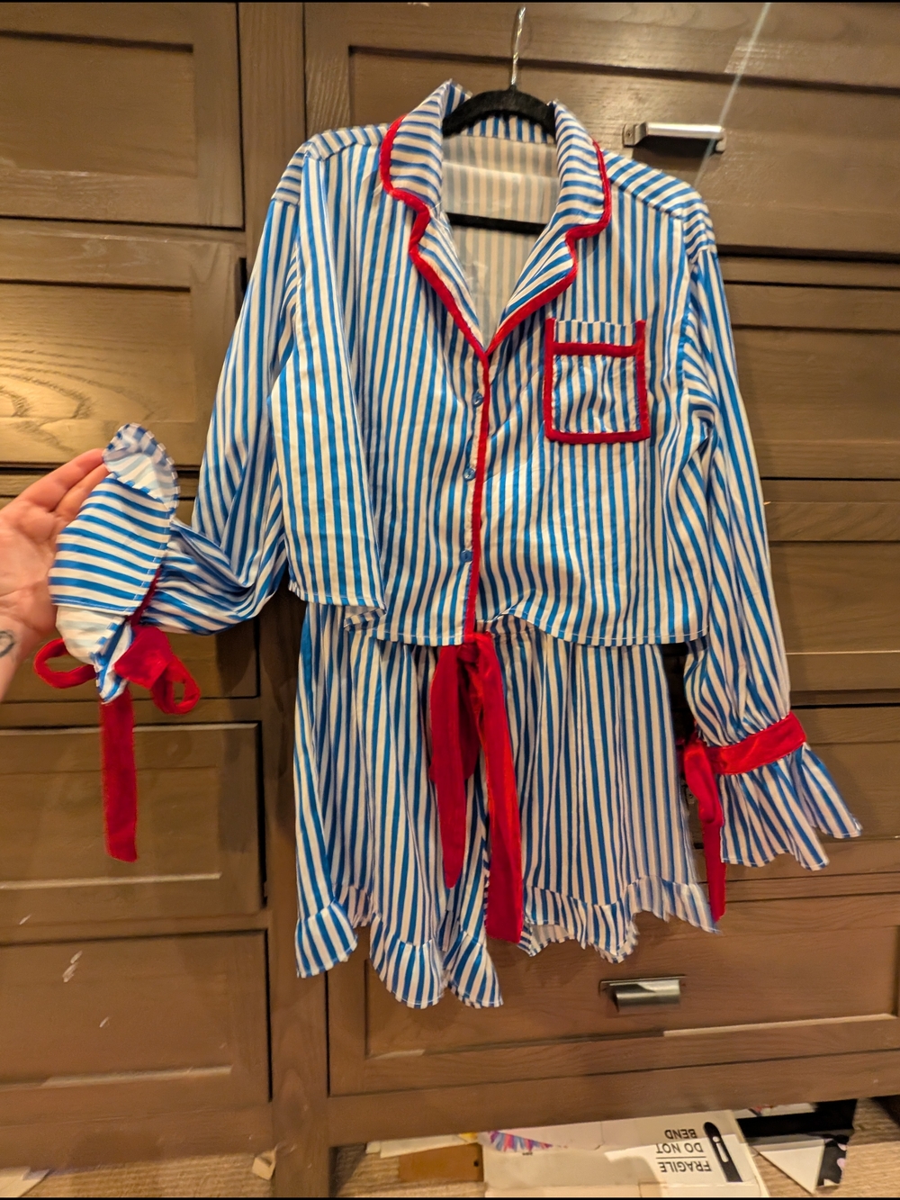 Pajama Shorts/Blouse Set Striped Blue & White with Red Velvet Trim Sz L - Picture 4 of 14